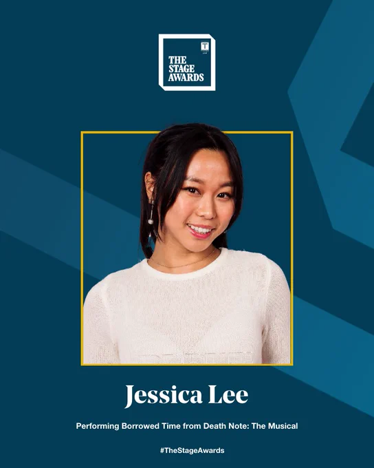 A blue graphic background with a cut out image of Jessica Lee with a gold box around. White text says ‘Jessica Lee performing Borrowed Time from Death Note: The Musical’