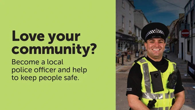 Picture of male police officer in a town with text saying: Love your community? Become a local police officer and help to keep people safe.