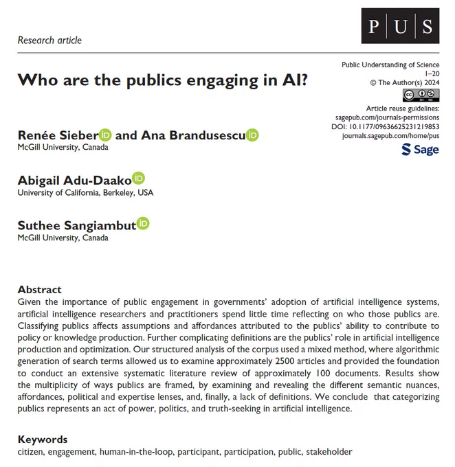 Given the importance of public engagement in governments’ adoption of AI systems, AI researchers and practitioners spend little time reflecting on who those publics are. Classifying publics affects assumptions and affordances attributed to the publics’ ability to contribute to policy or knowledge production. Further complicating definitions are the publics’ role in artificial intelligence production and optimization. Our structured analysis of the corpus used a mixed method, where algorithmic generation of search terms allowed us to examine approximately 2500 articles and provided the foundation to conduct an extensive systematic literature review of approximately 100 documents. Results show the multiplicity of ways publics are framed, by examining and revealing the different semantic nuances, affordances, political and expertise lenses, and, finally, a lack of definitions. We conclude that categorizing publics represents a an act of power, politics, and truth-seeking in AI.