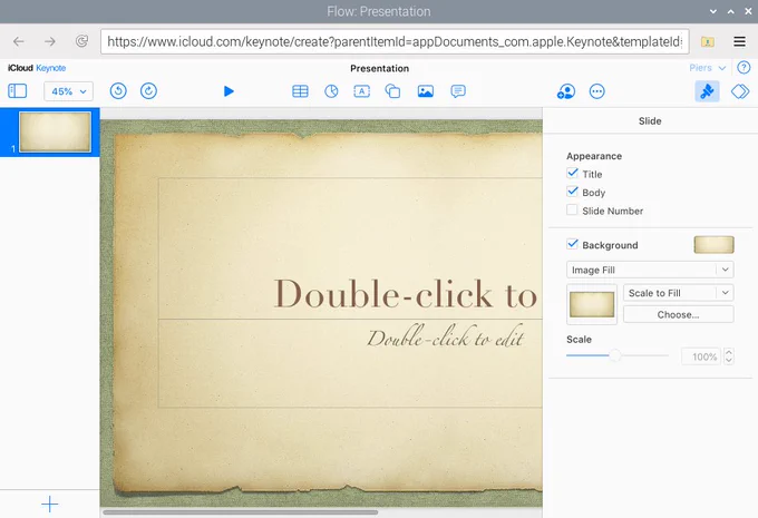 Flow displaying Apple Keynote, showing a standard template for a new document.