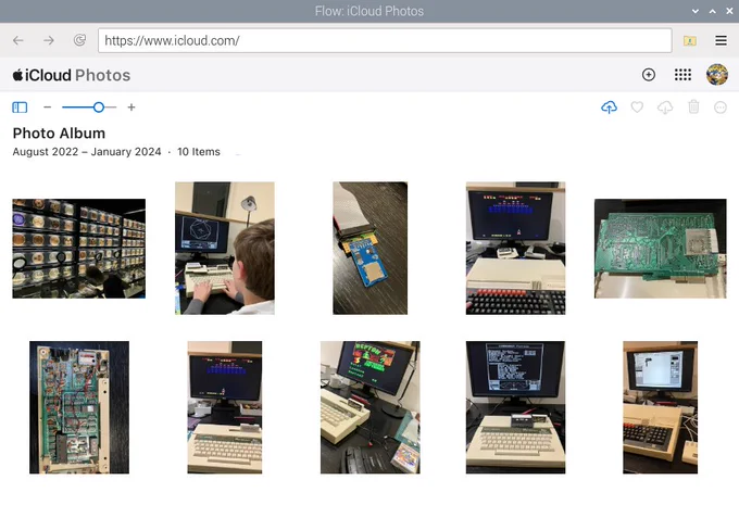 Flow showing Apple Photos, showing a selection of ten random photographs in a photo album.
