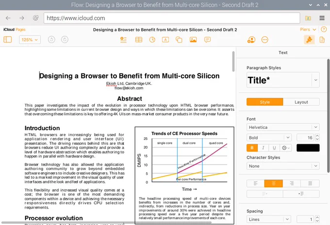Flow displaying Apple Pages, showing a Flow brochure.