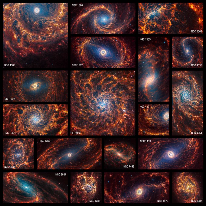 Nineteen Webb images of face-on spiral galaxies are combined in a mosaic, some within squares, and others horizontal or vertical rectangles. Galaxies’ spiral arms appear in shades of orange, and many of their centres have light blue hazes.