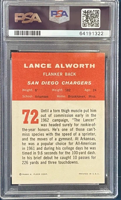 1963 Fleer football #72 Lance Alworth, San Diego Chargers, PSA 7 near mint