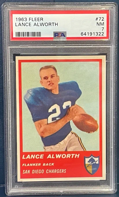 1963 Fleer football #72 Lance Alworth, San Diego Chargers, PSA 7 near mint