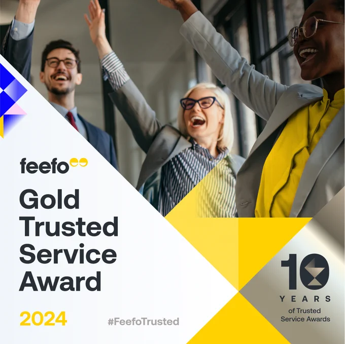 We've been awarded the Gold Trusted Service Award from Feefo! The image shows people celebrating with Feefo's logo in front and the words "Gold Trusted Service Award 2024"