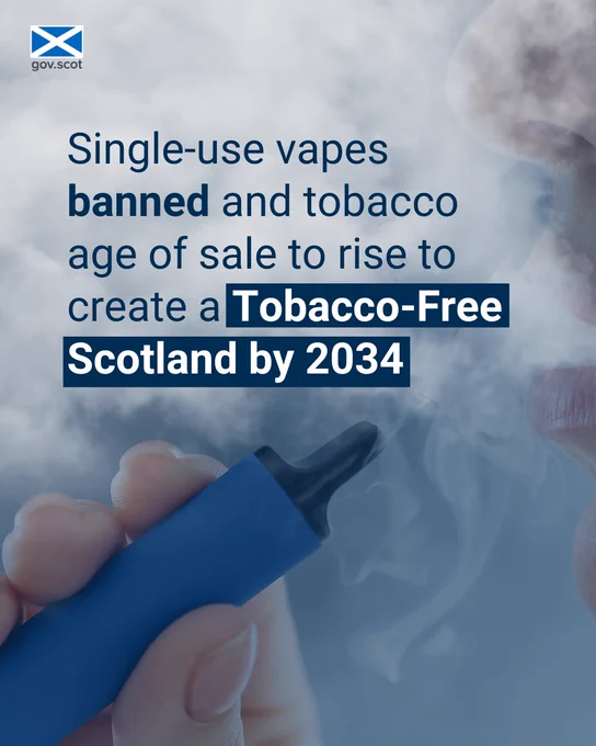 Single-use vapes banned and tobacco age of sale to rise to create a Tobacco-Free Scotland by 2034