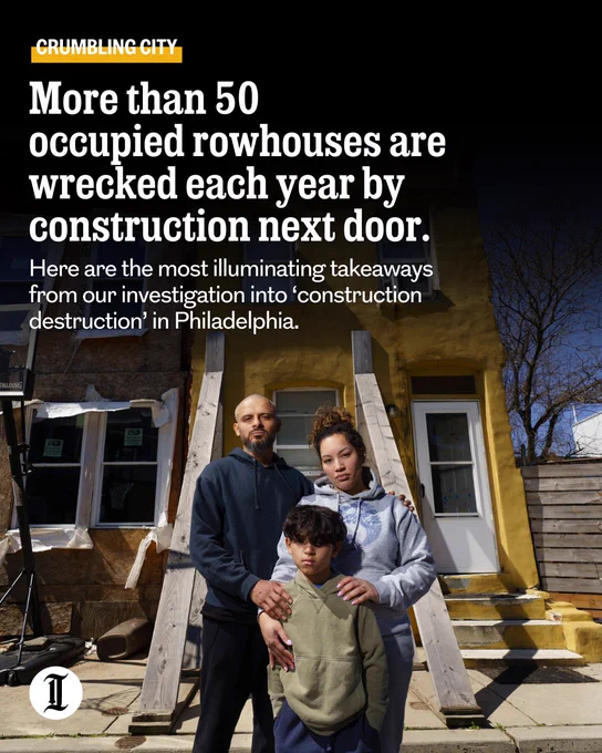 A photo of Windelin Adorno and her son, Brayden Moran, in front of their home in Norris Square. Text overlaid reads: "More than 50 occupied rowhouses are wrecjed each year by construction next door. Here are the most illuminating takeaways from our investigation into 'construction destruction.'"