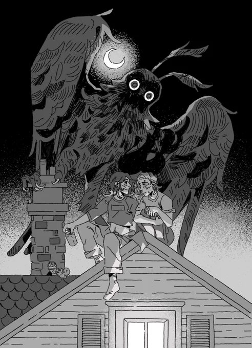 a black and white illustration of Mothman looming over a pair of masc youths drinking beer on top of the gabled roof of a house. The youths appear to be flirting.