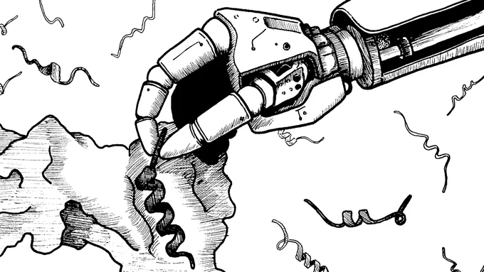Robot hand placing a protein fragment into the surface of a globular protein.