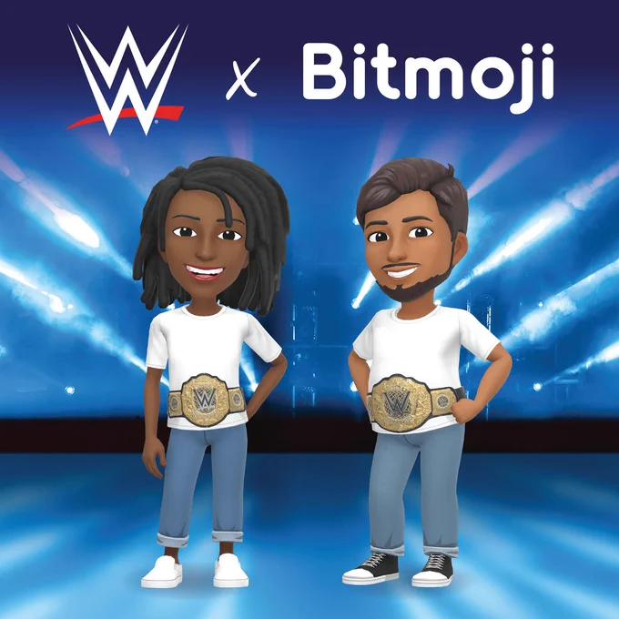 Two excited Bitmoji avatars stand in front of blue spotlights wearing their new WWE World Heavyweight Title Belts, WWE x Bitmoji