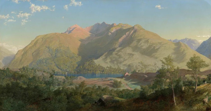 Painting of hills in Scotland with a loch in centre of image 