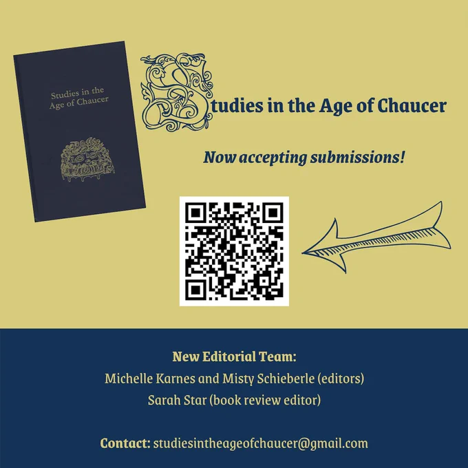 Image of SAC volume, plus QR code and email address invites submissions to Studies in the Age of Chaucer. 