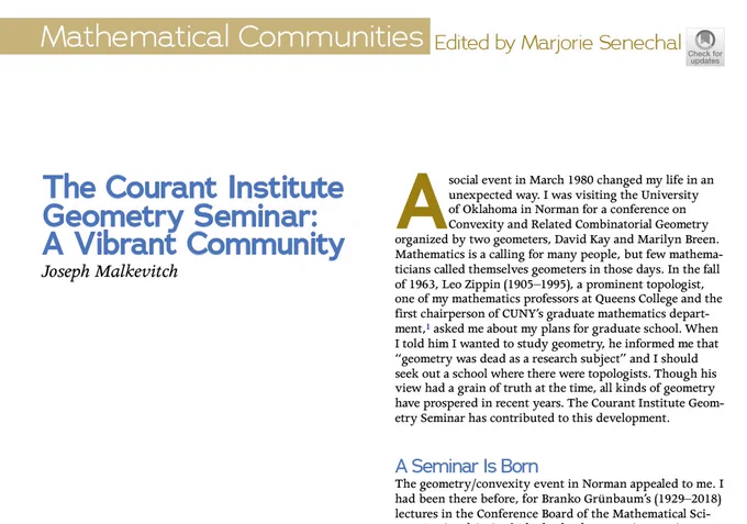 Malkevitch, J. The Courant Institute Geometry Seminar: A Vibrant Community. Math Intelligencer (2023). https://doi.org/10.1007/s00283-023-10282-6