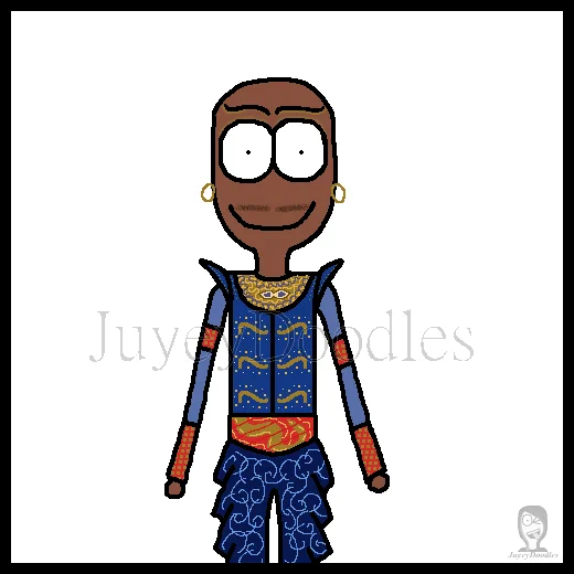 Yeukayi Ushe as Genie in Aladdin the musical. Yeukayi is wearing a dark pair of blue trousers with light blue swirls, a blue top with gold detailing and red arm bands and belt. 