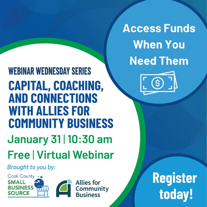Webinar Wednesday Series: Capital, Coaching, and Connections with Allies for Community Business, Janurary 31 at 10:30 AM, free virtual webinar