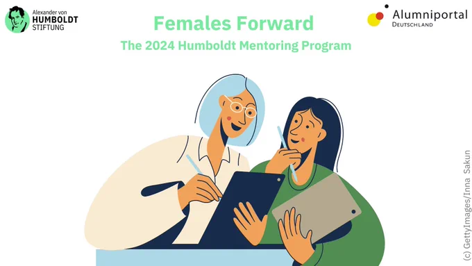 Illustration with two smiling women (researchers) who talk to each other and have pens and note pads in their hands. On top there are the logos of the Humboldt Foundation and the Alumniportal Deutschland and in the middle the text "Females Forward, The 2024 Humboldt Mentoring Program".