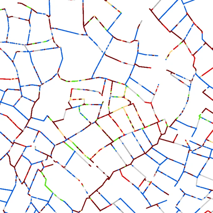 Data sample from Land Cover Plus Hedgerows showing woody boundaries of land parcels/fields colour-coded by height class (blue or green for shorter hedges and red for taller tree lines)