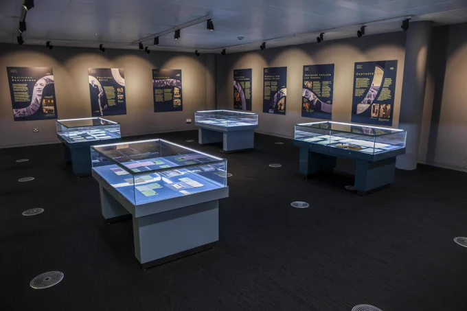 A photograph of the exhibition space currently showing Charles J. Haughey: Politics in a Changing Ireland' in DCU Library. 