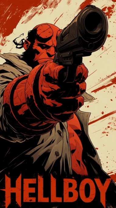 hellboy aiming a gun with the text "HELLBOY", in the style of dark beige and crimson, mike mignola, comic book-influenced, character-driven, stark contrast, demonic photograph, sharp focus, alienpunk --ar 9:16 --niji 6