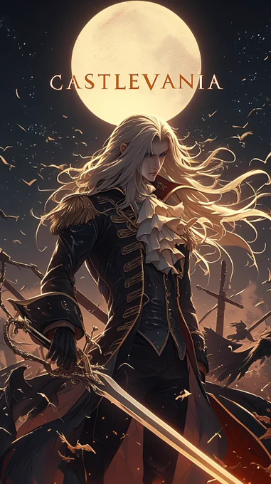 Alucard and his flying magic sword on a field at night with the moon rising with the text "CASTLEVANIA", in the style of toonami, anime art, castlevania, heroic masculinity, exaggerated nobility, dark white and light gold, elegant, handsome, trompe-l'œil illusionistic detail, fine lines, anime-inspired characters --ar 9:16 --niji 6