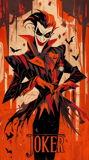 joker on arkham asylum with the text "JOKER", in the style of contemporary take on medieval art, dark orange and crimson, monochromatic expressionism, noir comic art, gothic romanticism, whimsical illustration, spectacular backdrops --ar 9:16 --niji 6
