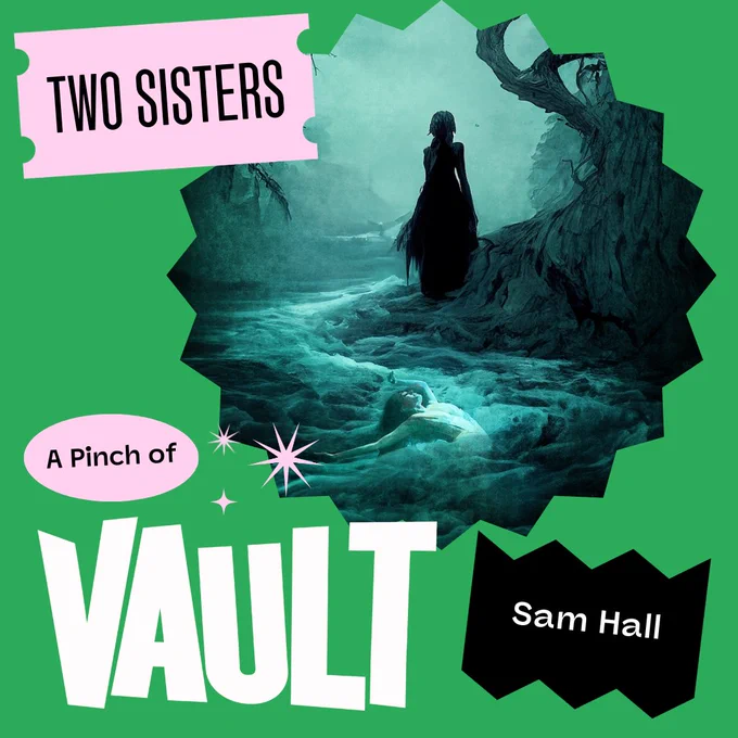 A green background with the words 'A Pinch of VAULT' in pink and white. A pink ticket shape with the words 'Two Sister' and a black zigzag shape with the text 'Sam Hall'. On the right, inside a seal stamp shape is a photograph of a woman in a black dress looking out to a river surrounded by mountains.
