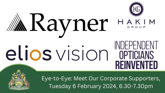 Rayner, Hakim Group and Elios Vision logos. Text reads: Eye-to-Eye: Meet Our Corporate Supporters, Tues 6 Feb, 6.30-7.30pm.