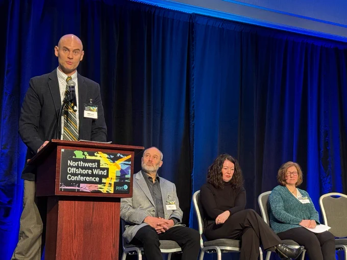 Jason Sierman of the Oregon Department of Energy presents on the State of the Energy Sector in the Pacific Northwest panel at the 2024 Northwest Offshore Wind Conference on January 30, 2024, in Portland, Oregon.