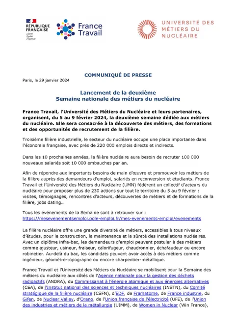 Communiqué de presse : "Lancement de la deuxième Semaine nationale des métiers du nucléaire"