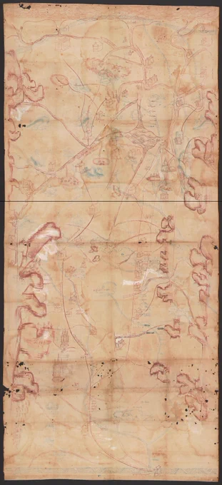 Cloth manuscript map in red ink showing mountains, rivers and canals, roads, towns, buildings, and text in Thai