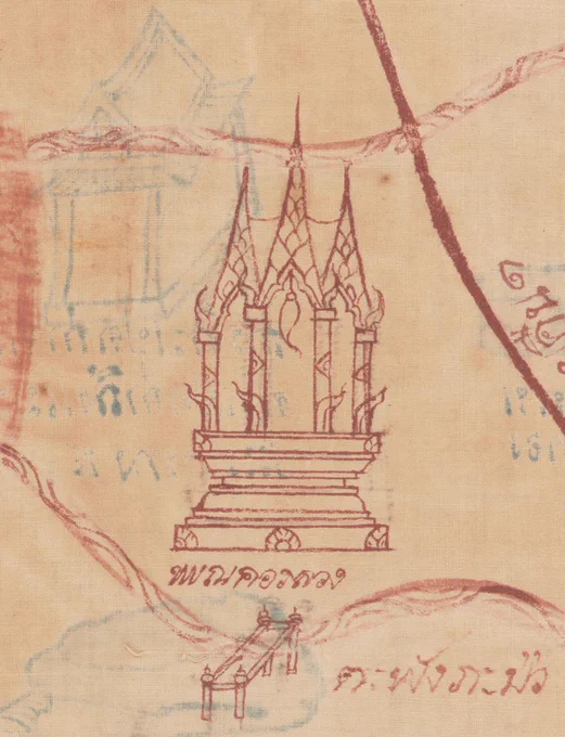 Detail of Thai cloth map showing a building and bridge in red ink; blue ink shows through from the other side