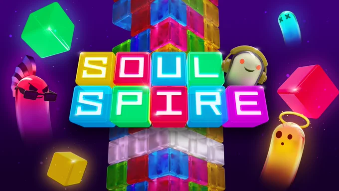 Soul Spire key art features the games logo on colourful blocks with ghosts of different shapes and colours float around.