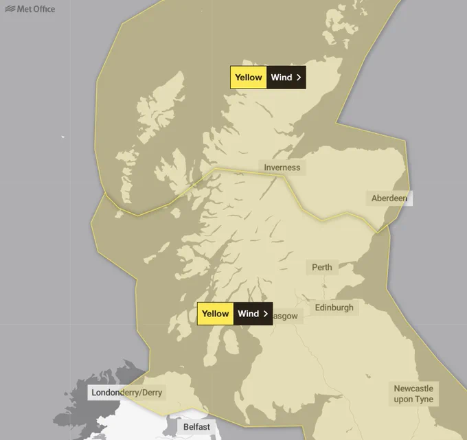 Map of Scotland coloured in yellow to denote weather warnings for strong winds.