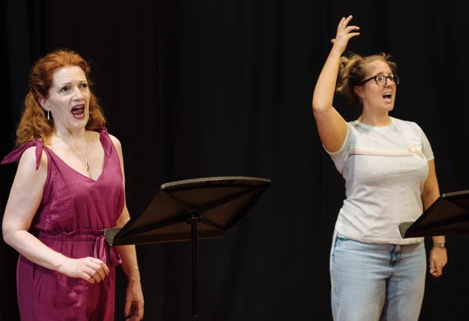 A singer with a pink jumpsuit stands alongside a BSL interpreter using their hands expressively