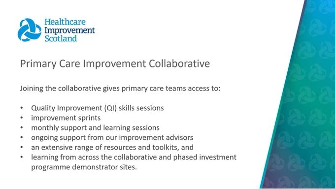 Joining the collaborative gives primary care teams access to: Quality Improvement (QI) skills sessions, improvement sprints, monthly support and learning sessions, ongoing support from our improvement advisors, an extensive range of resources and toolkits, and learning from across the collaborative and phased investment programme demonstrator sites.