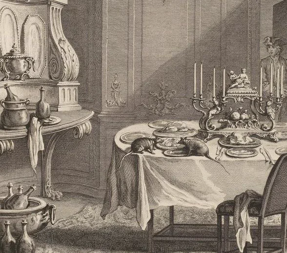 Gravure représentant sur un table richement ornée deux rats en train de manger dans une assiette. En arrière plan, un homme avec un chapeau, celui qui vient interrompre le festin ! 
