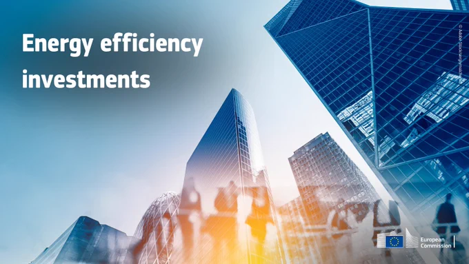 Silhouettes of people walking in the street near skyscrapers and modern office buildings. The image caption reads: "energy efficiency investments."