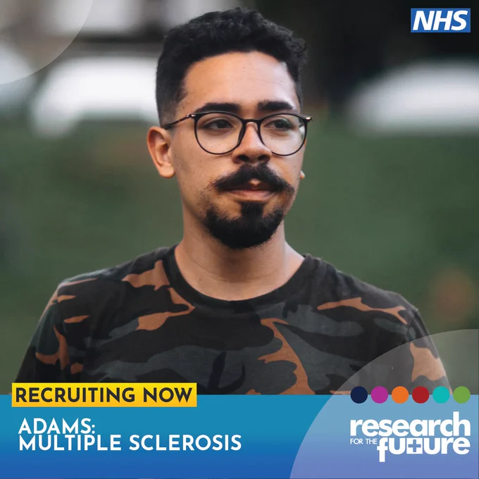 Graphic featuring logos of NHS and Research for the Future, accompanied by an image of a young Asian man. This visual represents the ADAMS study, aiming to investigate genetic links for multiple sclerosis in individuals from diverse ethnic backgrounds. Encouraging participation in research for a deeper understanding of MS and its genetic factors.