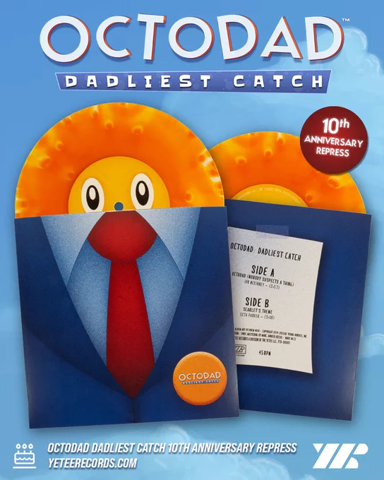 A promo image of the front and back of the Octodad vinyl. The record, which has Octodad's face on it peeks out from the top of the packaging. There is a 10th anniversary repress stamp in the top corner.