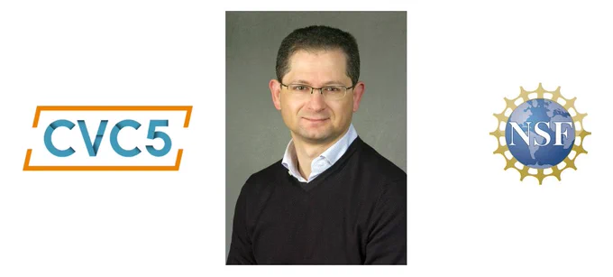 Cesare Tinelli portrait flanked by CVC5 and NSF logos