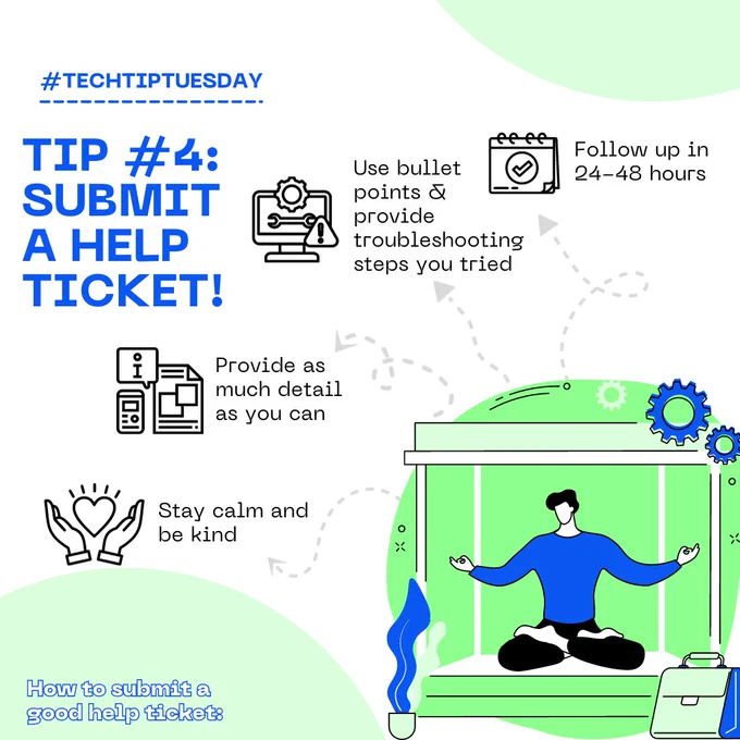 Clipart graphic of a zen person sitting crosslegged. Gears, arrows, and a briefcase surround them. Text Reads: Tip #4: Submit a help ticket! How to submit a good hellp ticket: Stay calm and be kind, Provide as much detail as you can, Use bullet points & provide troubleshooting steps you tried, Follow up in 24-48 hours.