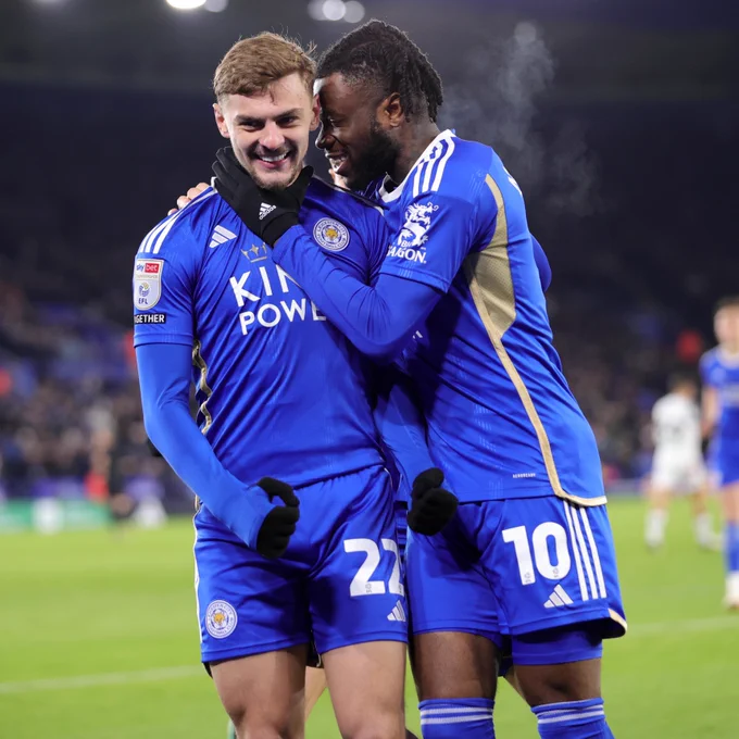 Kiernan Dewsbury-Hall and Stephy Mavididi embrace at King Power Stadium.