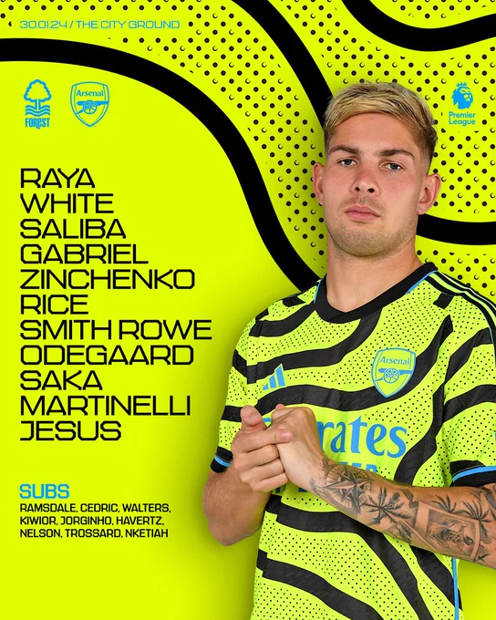 Starting XI: Raya, White, Saliba, Gabriel, Zinchenko, Rice, Smith Rowe, Odegaard, Saka, Martinelli, Jesus

Substitutes: Ramsdale, Cedric, Walters, Kiwior, Jorginho, Havertz, Nelson, Trossard, Nketiah