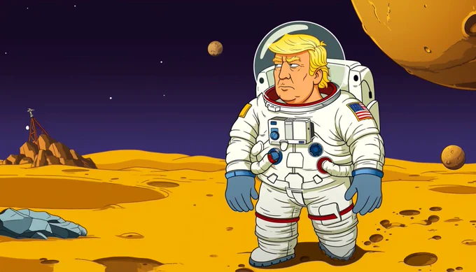 Donald Trump as a Family Guy character | wearing space suit | walking in the moon | deep space background --niji 6 --ar 7:4 --s 50