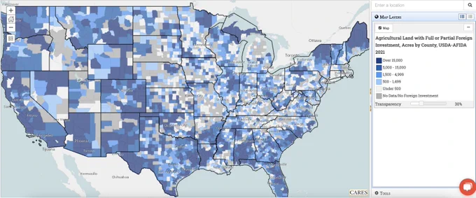 Areas of map with darker shading indicate more acres with partial or full foreign investment, areas with lighter shading indicate fewer acres of full or partial foreign investment.