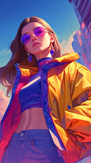 A woman in colored clothing with sunglasses, in the style of 2d game art, comic illustration, hyper realistic, cityscape, luminescent color scheme, anime aesthetic, highly detailed, sharp& vivid colors, intense gaze, daytime urban background --niji 6