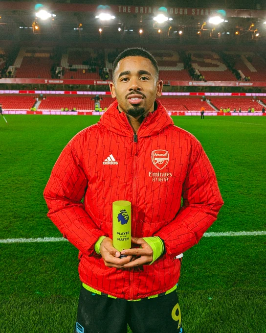Gabriel Jesus with the Premier League Player of the Match trophy.