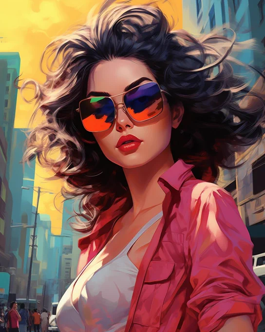 A woman in colored clothing with sunglasses, in the style of 2d game art, comic illustration, hyper realistic, cityscape, luminescent color scheme, anime aesthetic, highly detailed, sharp& vivid colors, intense gaze, daytime urban background --v 5.1