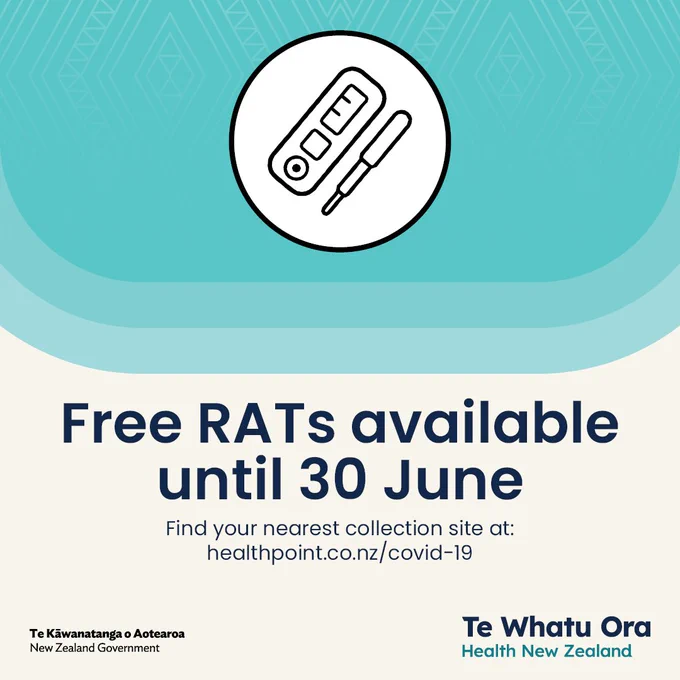 Tile with teal and cream colouring, and dark blue text. Icon of RAT inside a circle. Text reads: "Free RATs available until 30 June. Find your nearest collection site at: healthpoint.co.nz/covid-19." Te Kawanatanga o Aotearoa, and Te Whatu Ora - Health New Zealand logos. 

